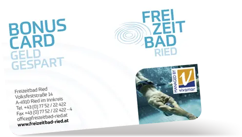 Ansicht einer Bonuskarte mit Adresse und Logo vom Freizeitbad Ried