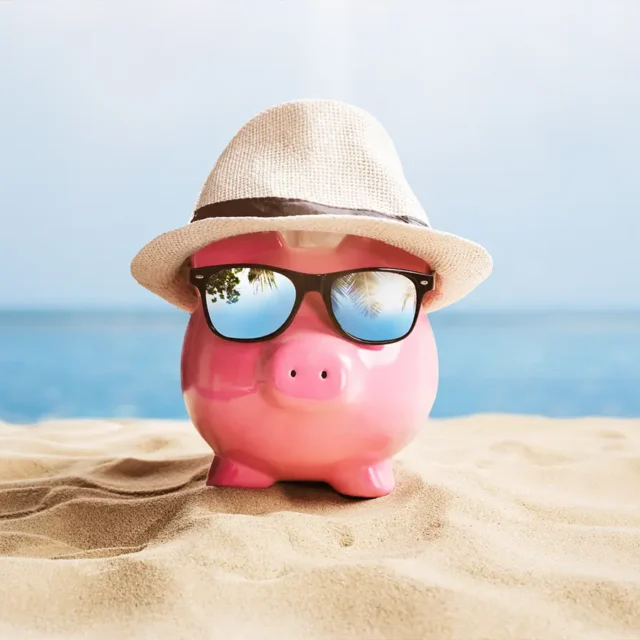Sparschwein mit Sonnenbrille und Hut am Strand