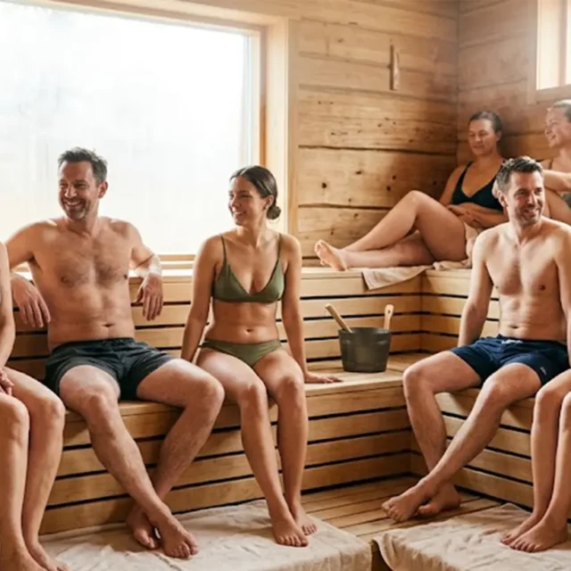 Gruppe von Menschen mit Badesachen in einer Sauna
