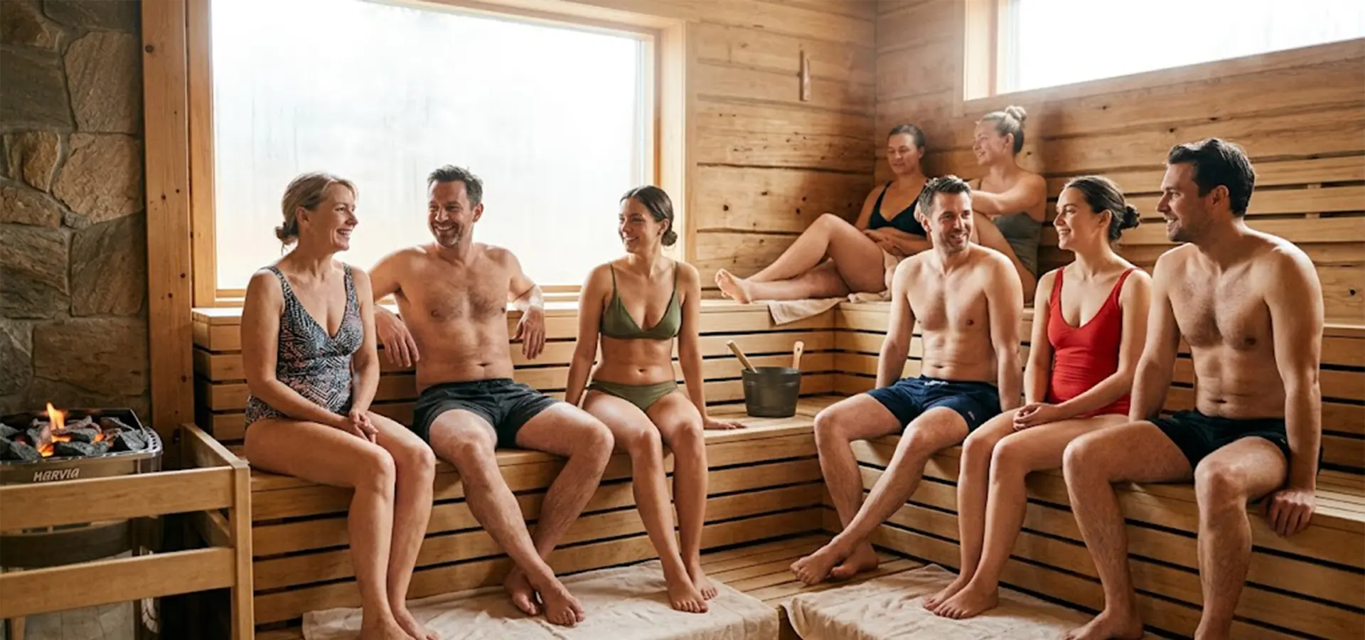 Gruppe von Menschen mit Badesachen in einer Sauna