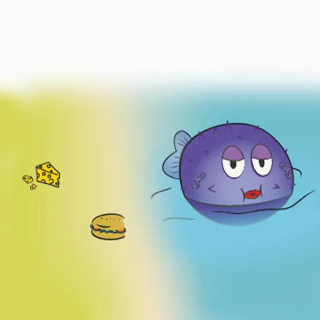 gezeichneter Käse und Burger am Rand und ein dicker Kugelfisch im Wasser