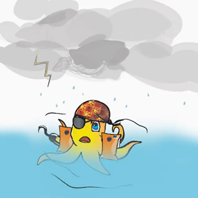 gezeichneter Kraken Kalli beim Unwetter im Wasser