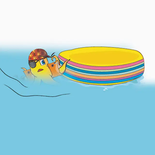 gezeichneter Kraken Kally mit einem umgestülpten Gummi-Boot