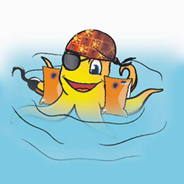 gezeichneter Kraken Cally mit Schwimmflügeln im Wasser