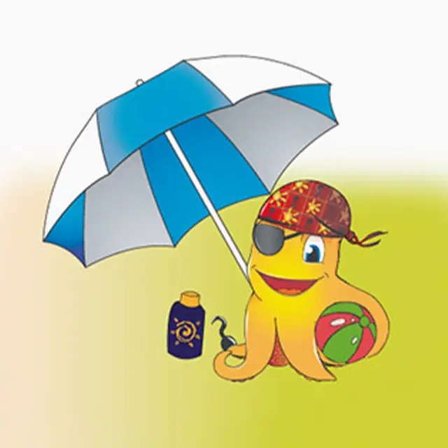 gezeichneter Kraken Cally mit Sonnenschirm, Wasserball und Sonnencreme an Land