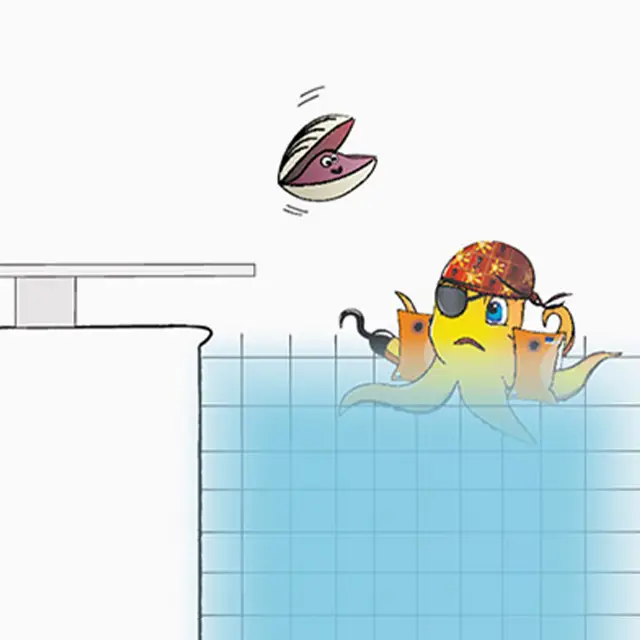 gezeichnete Muschel springt vom Sprungbrett ins Wasser, direkt darunter Cally Krake