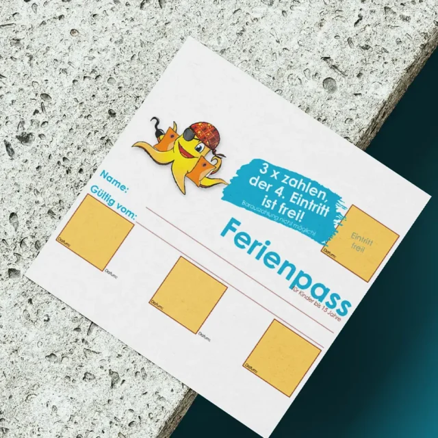 Ferienpass mit Feldern und Text: dreimal zahlen, viermal genießen!